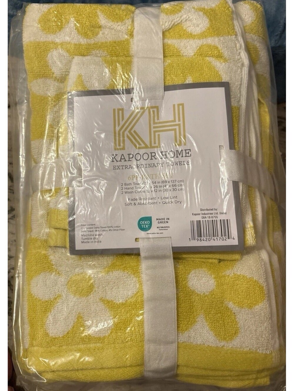 Kapoor Home 6-Piece Bath Towel Set Yellow & White Daisy & Solid Cotton Quick Dry